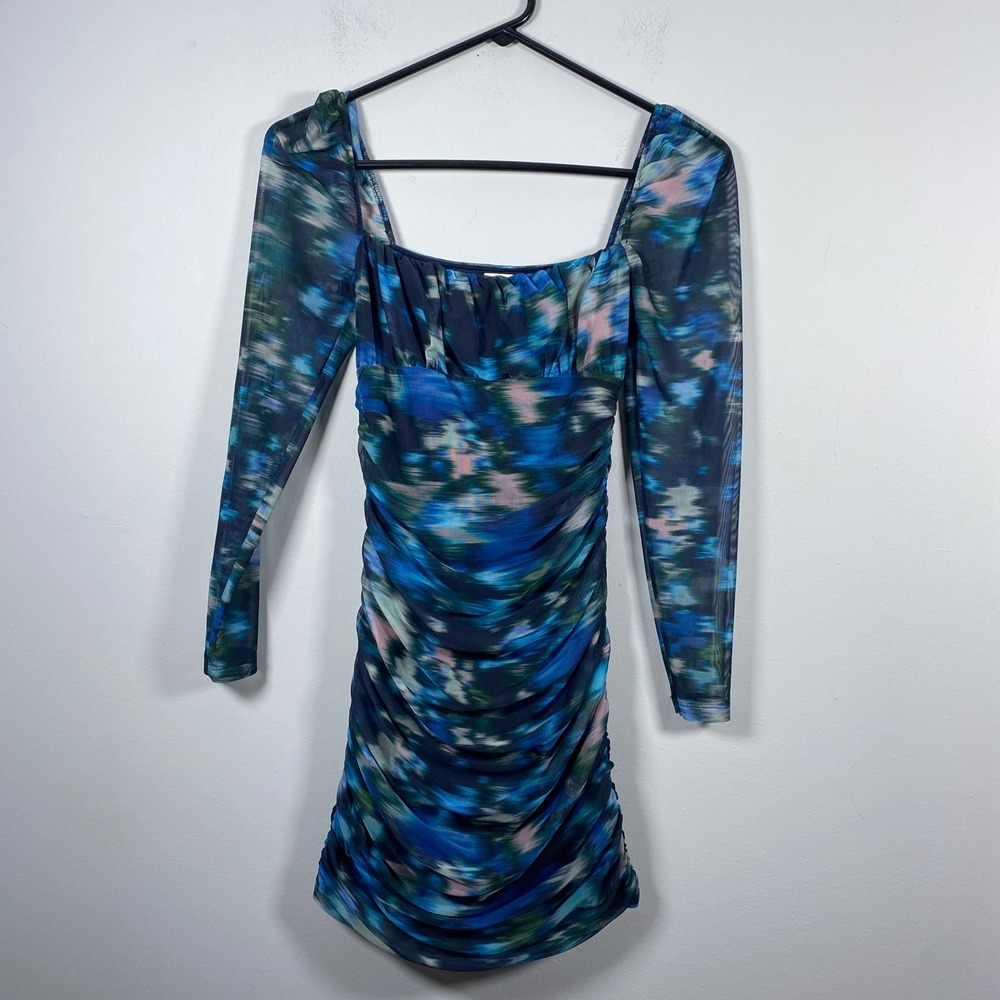 Sunday Best Mini Dress Womens XS Blue Abstract Ruched Milkmaid Aritzia Y2K Club